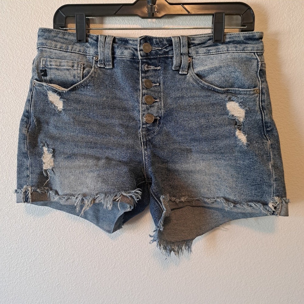 KanCan Maurices Womens Distressed Button Fly Denim Shorts Blue Size 28 KMU278